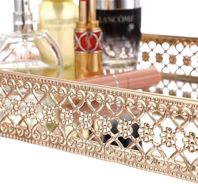 ELLDOO Gold Perfume & Makeup Vanity Tray - Hollow-Carved Jewelry Storage, Glass & Metal Trinket Organizer for Dresser & Bathroom Countertop, Large Size