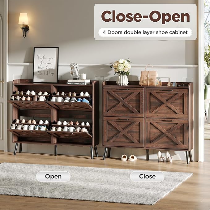 Maupvit Large Shoe Storage Cabinet with 4 Flip Drawers, Narrow Shoe Cabinet for Entryway with Wooden Legs, Freestanding Hidden Shoe Rack Organizer & Metal Hinges, Walnut