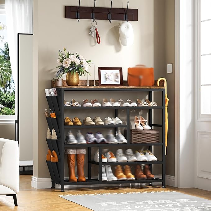 EnHomee Metal Shoe Rack for Entryway, 6 Tier Shoe Storage Organizer Holds 22 Pairs, Wooden Top and Side Pocket for Entry, Entrance, Hallway, Black
