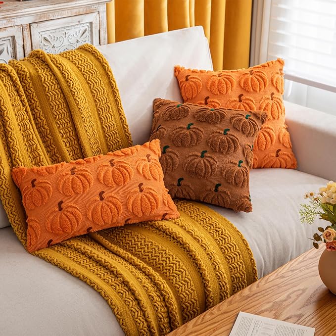 Pumpkin Fall Decorative Throw Pillow Covers 20"x20", Set of 2 Orange Brown Soft Faux Fur Pillow Covers for Autumn Harvest, Fluffy Plush Accent Pillow Cases for Farmhouse Halloween Decor