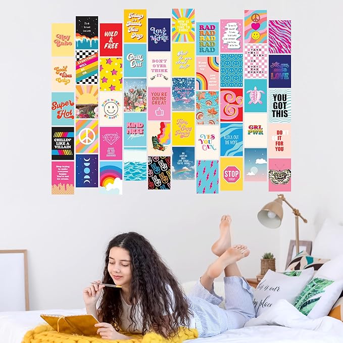 Artivo Bright Indie Collage Kit Aesthetic Pictures, 50 Set 4x6 inch, Colorful Bedroom Decor for Teen Girls, Fun Wall Art for Kids, Dorm Wall Decor, Small Posters for Room (Bright 50 Set)