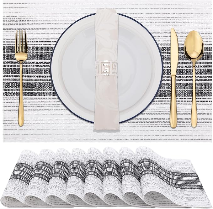 Winknowl Placemats, Set of 8 Heat Resistant Stain Resistant Woven Vinyl Insulation Place mats, Durable Washable Elegant Table Mats for Dining (White)