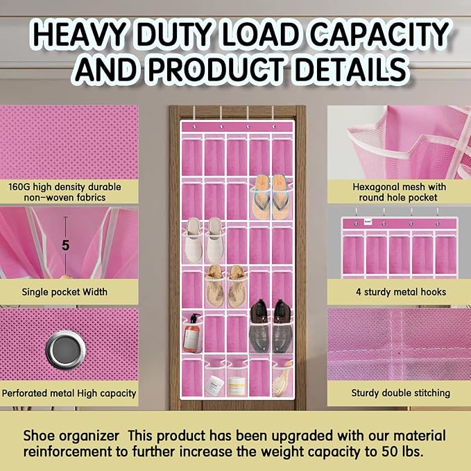 Over the Door Shoe Organizer with 30 Breathable Mesh Pockets - Large Capacity Closet Storage for Men & Women, Hanging Shoe Rack Organizer (Pink)