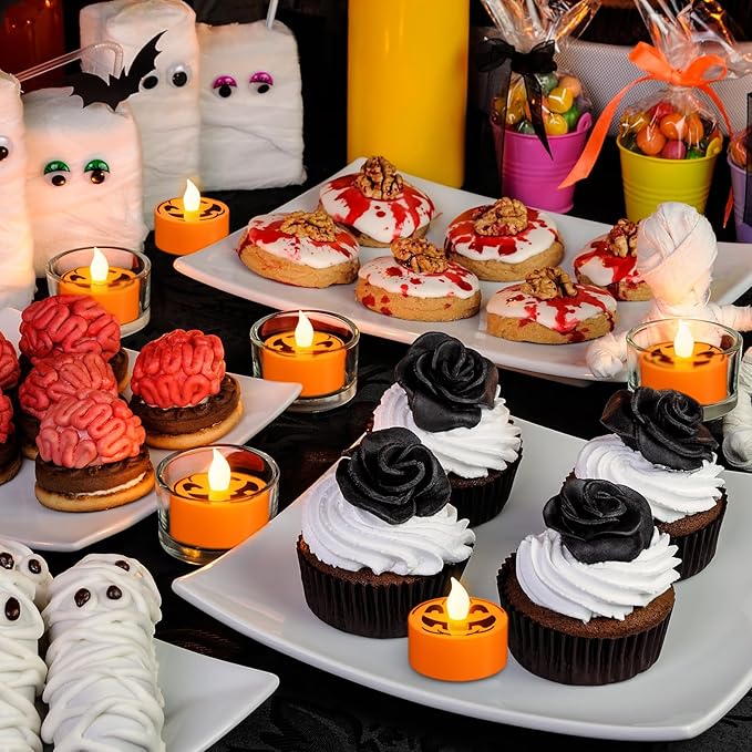 DRomance Halloween Flameless Votive Candles Battery Operated with 6H Timer, 12 Pack Spooky Face Decal LED Flickering Pumpkin Tea Lights Candles Fall Indoor Decoration(1.5" D x 1.4" H)