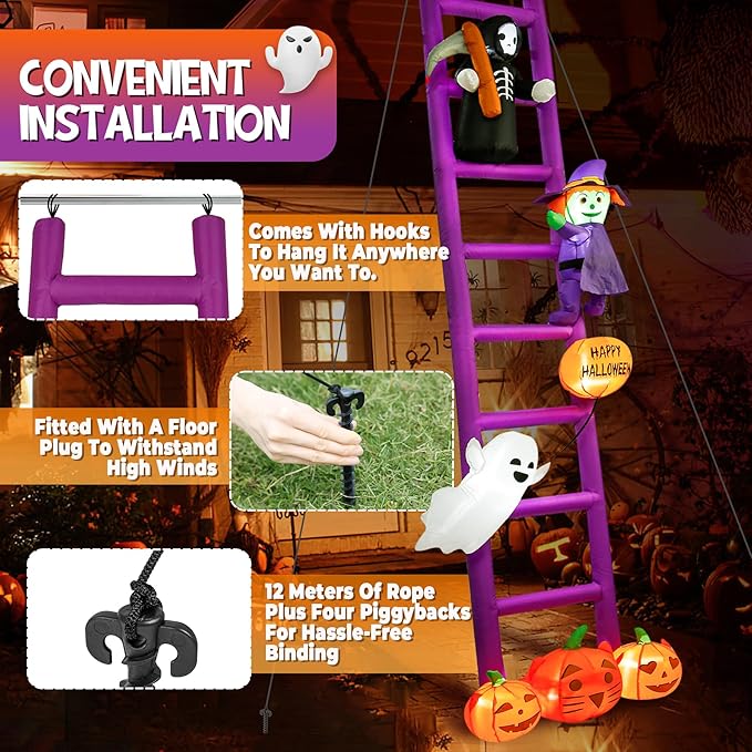 Halloween Inflatables, 10.5ft Purple Ladders Decorations, Blow Up Yard Inflatables, Pumpkin&Ghost&Witch&Skeleton, Extra Large Decorations with Built-in LEDs, for Holiday Outdoor Rooof Trees