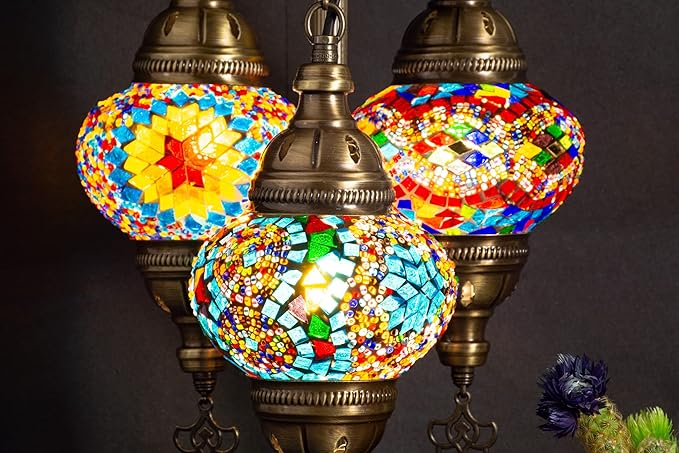mozaist Tiffany Style Turkish Stained Glass Table Lamp, 3 Globe Mosaic Moroccan Desk Light, Bohemian Vintage Bedroom Nightstand, Antique Handmade Rustic Decor Colorful Lighting (Cappadocia Balloon)
