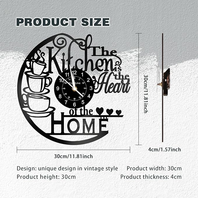 12 Inch Kitchen Vinyl Record Wall Clock, Kitchen Heat Home Theme Wall Clock, Coffee Bar Decor, Coffee Wall Decor for Office Living Room, for Women Wives, Black