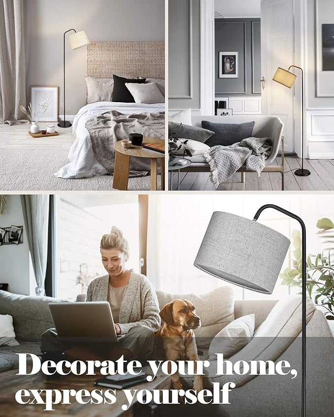 ELYONA Floor Lamp for Living Room with 3 Color Temperatures, Modern Standing lamp with Beige Linen Adjustable Hanging lampshade, Tall Pole Reading Lamp with 9W LED Bulb for Bedroom, Office, Black