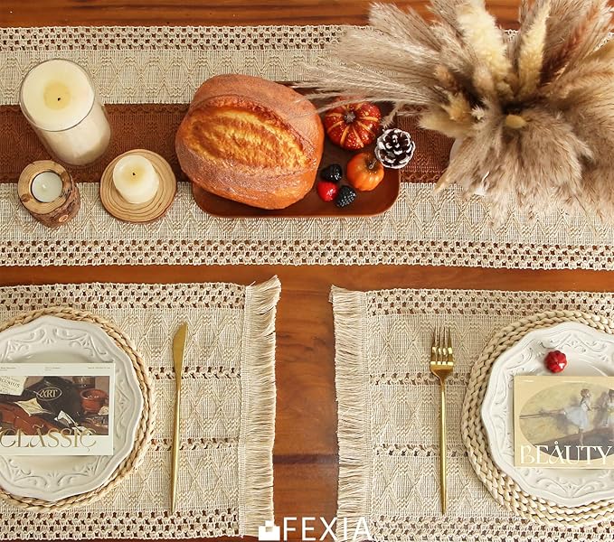 FEXIA Boho Placemats Set of 6, Macrame Table Decor and Farmhouse Style Placemats Natural Cotton Burlap, for Dining Table, Beige