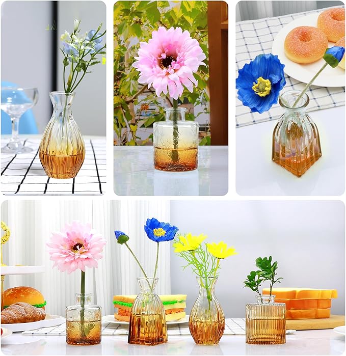 Mapoxy Glass Bud Vases Set of 4,Small Brown Flower Vases for Wedding Centerpiece Table Decorations,Clear Vintage Embossed Mini Vases,Flower Arrangements in Vases for Party or Home Decor