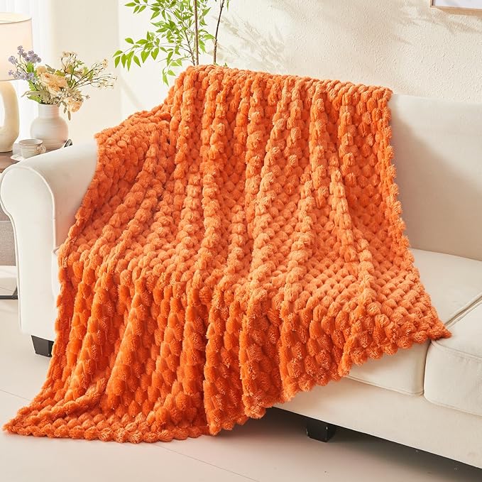 NEWCOSPLAY Super Soft Fall Twin Blanket Orange Premium Silky Flannel Fleece 3D Clouds Stylish Jacquard Lightweight Bed Blanket All Season Use 350GSM (Orange, Twin(60"x80"))