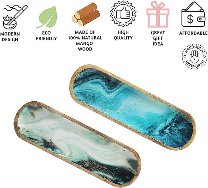 Folkulture Incense Holder or Incense Burner, Incense Holder for Sticks or Wooden Incense Tray for Sticks, Modern Insence-Stick Holder, Ash Catcher, Mango Wood, Set of 2, Blue and Green Agate