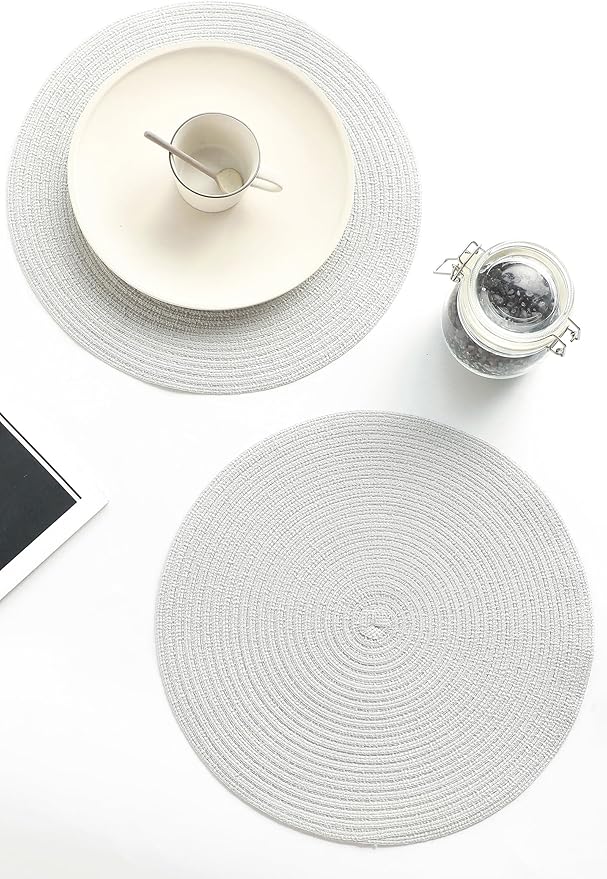 Floroom 15 Inch Round Braided Placemats Set of 4, Washable Heat Resistant Cotton Polyester Circle Place Mats for Kitchen Dining Table - Silver Grey