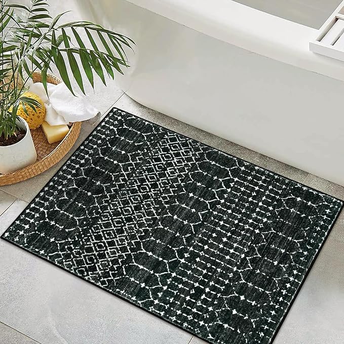 Lahome Moroccan Entry Rug 2x3, Non-Slip Washable Front Door Mat Indoor Rubber Backing Low-Profile Door Rugs, Small Geometric Print Distressed Inside Welcome Mats for Entryway Bathroom Kitchen, Black
