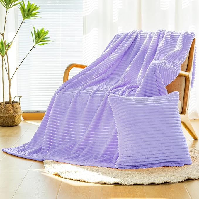 Vessia Flannel Fleece Light Purple Throw Blanket(50x71 Inch) for Couch with Pillow Cover(18 * 18 Inch), Warm Cozy Soft Stripe Pattern Blanket, Microfiber Lilac Ribbed Sofa Throw for All Season