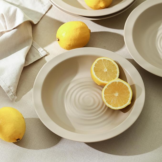 Stone Lain Orbit 12-Piece Dinnerware Set Stoneware, Plates and Bowls Set, Pasta Bowls, Microwave and Dishwasher Safe, Dish Set for 4, Beige