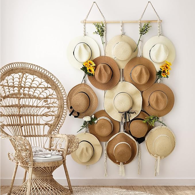 Macrame Hat Rack for Wall 31x53 in Hat Organizer with 15 Clips Hanging Hat Hangers for Wide Brimmed Hat Display Women Hat Storage Boho Hat Hanger Decorative Hat Holder for Fedora Cowboy Hat
