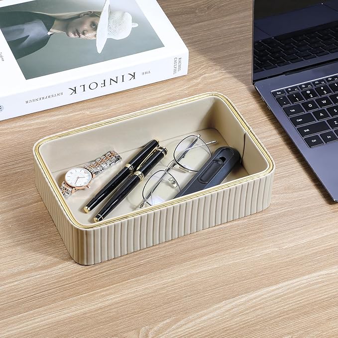 Desk Organizer Tray, PU Leather Valet Tray Nightstand Organizer Cologne Perfume Tray for Men Women, Decorative Vanity Tray Key Bowl Trinket Dish Bathroom Bedroom Accessories (Beige)