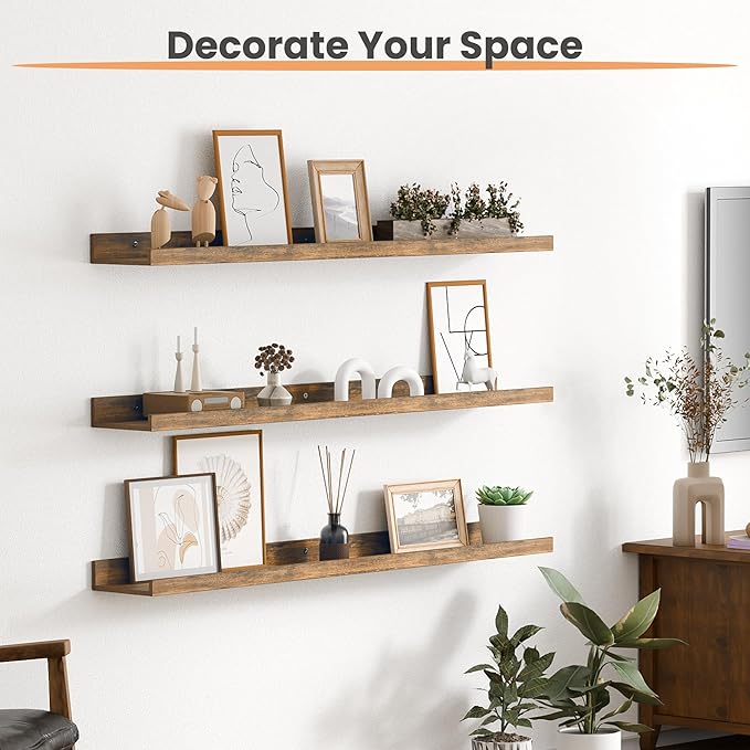 upsimples Floating Shelves for Wall, Wall Shelves for Decor Storage Set of 6, Wall Mounted Wood Shelves for Bedroom, Living Room, Bathroom, Kitchen, 35.5 inch Long Picture Ledge Shelves, Brown