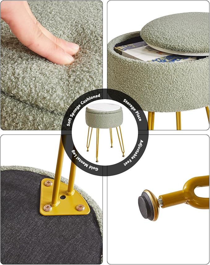 IBUYKE Teddy Velvet Storage Footrest Stool Ottoman, Makeup Vanity Stool Side Table with Removable Cover, Golden Steel Legs, Coffee Table Top Cover, Light Green WBD010D