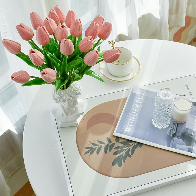 Mandy's Artificial Tulips 20 Stems Dusty Pink PU Faux Flowers for Wedding Home Decor 13.5 Inch