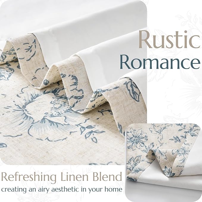 jinchan Lined Linen Blend Curtain Floral Curtains for Living Room 90 Inches Long Blue Peony Flower Printed Curtain Rod Pocket Back Tab Farmhouse Patterned Drapes Bedroom Window Curtains Set 2 Panels