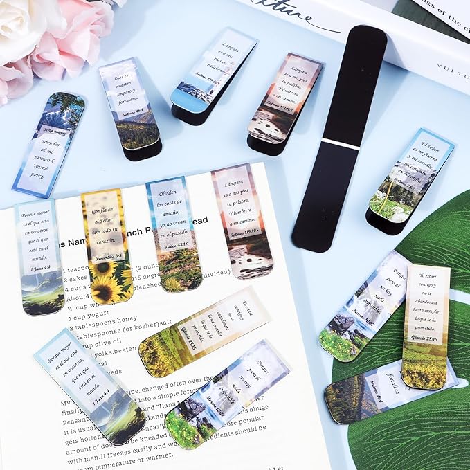 Spanish Christian Magnetic Bookmark - 30PCS Bible Verse Magnetic Bookmarks Scripture Scenery Book Marks Inspirational Religious Book Mark Magnets Page Marker Clip for Students Teacher Reading