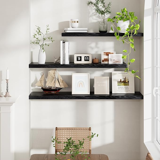 48"W x 9"D Floating Shelves Set of 2, 9.3 Inch Deep Floating Shelves Wall Mounted, Wide Wall Shelves Invisible Bracket, Deep Storage Shelves for Living Room, Bathroom, Kitchen, Black Color
