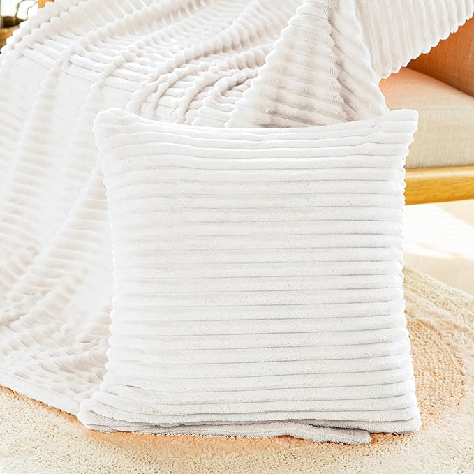 Vessia Flannel Fleece White Throw Blanket(50x71 Inch) for Couch with Pillow Cover(18 * 18 Inch), Warm Cozy Soft Striped Bed Blanket, Microfiber Ribbed Sofa Throw for All Season