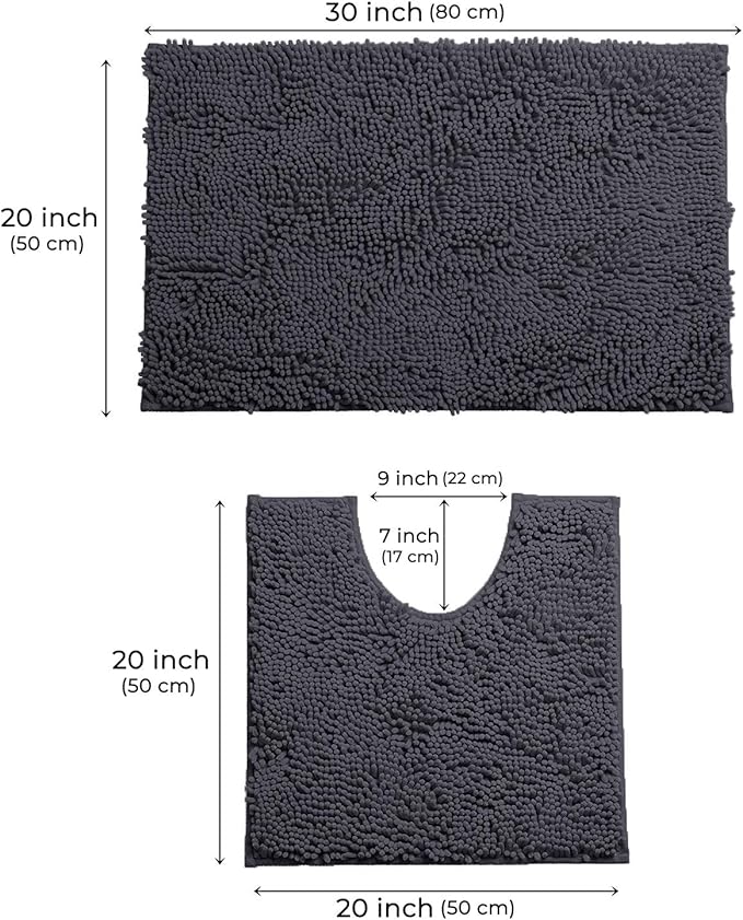 LuxUrux Bathroom Rugs Sets 2 Piece: Quick Dry, Soft Plush Anti-Slip, Super Absorbent. Includes Rectangular (31x20 inches) & U-Shaped Toilet Mat (20x20 inches) | Charcoal