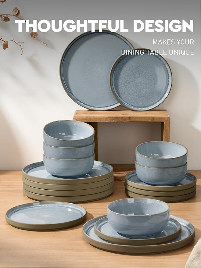 Famiware Nature Plates and Bowls Set, 18 Pieces Dinnerware Sets, Dishware Sets, Dishes Set for 6, Microwave and Dishwasher Safe, Light Blue