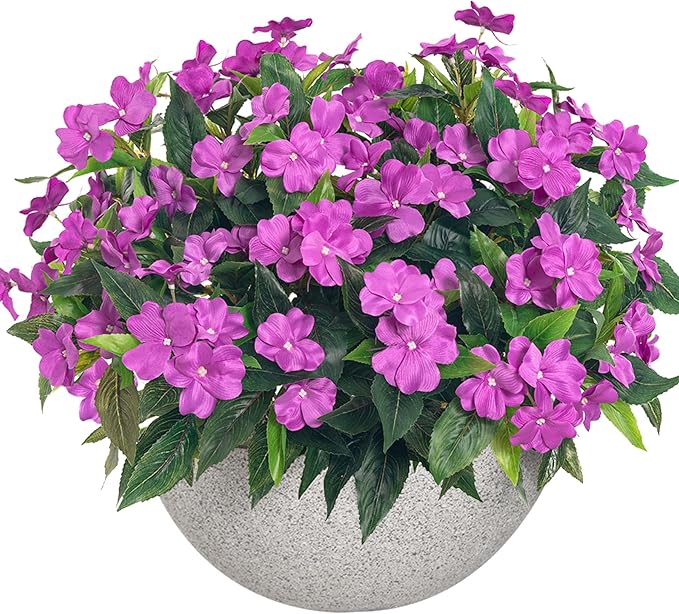 15.7”Spring Decorations for Home Flowers Fake Plants Fake Flowers Artificial Impatiens Bouquet Flowers for Outdoors Silk Faux Flowers Impatiens Plants Decor Indoor Planters 8PCS (Purple)
