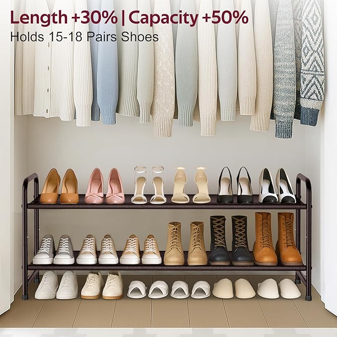 SLEEPING LAMB 2-Tier Shoe Rack for Closet, Long Stackable Wide Shoe Organizer Holds 18-Pairs Low Shoe Shelf Storage for Bedroom, Floor, Entryway (Bronze)