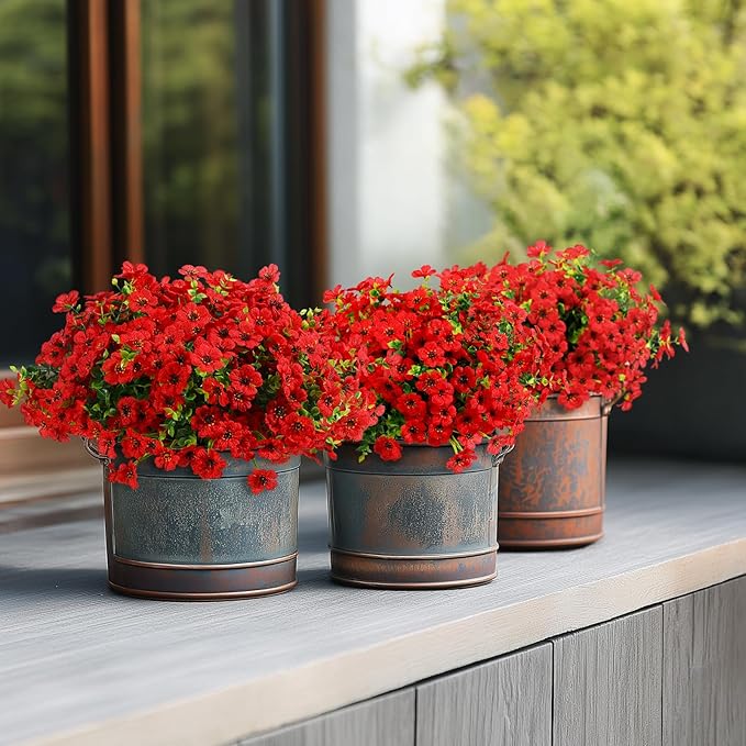 24 Bundles Artificial Flowers for Outdoors Decoration, UV Resistant Silk Violet Faux Colorful Daisy Eucalyptus Spring Fake Plants for Outside Indoor Yard Home Patio Porch Decor, Red