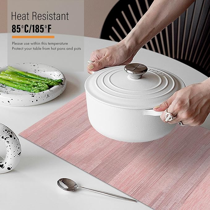 Winknowl Placemats Set of 6, Heat Resistant Stain Resistant Woven Vinyl Insulation Place mats, Durable Washable Elegant Table Mats for Kitchen Dining Table Decor (Misty Rose)