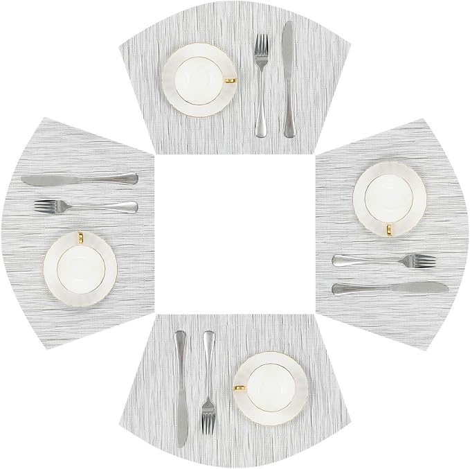 SHACOS Small Round Table Placemats Wedge Placemat Set of 4 Non Slip Heat Resistant Woven Vinyl Table Mats Wipe Clean Indoor Outdoor (4, Gray White)