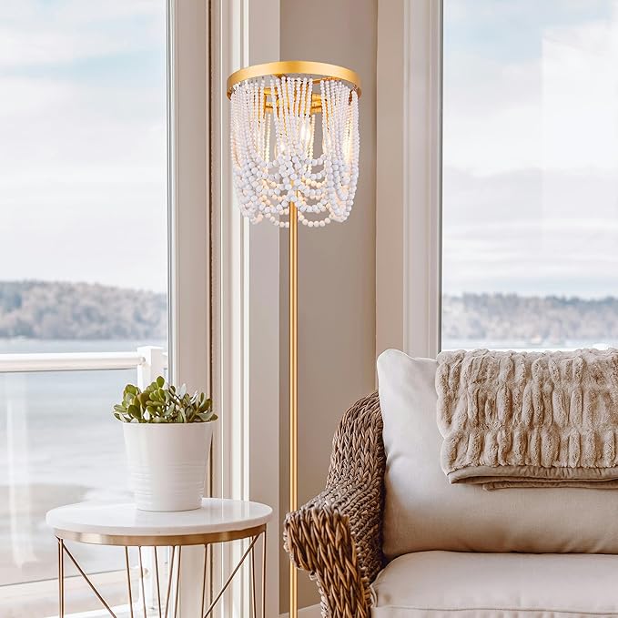 Wellmet Gold Floor Lamp With White Wood Beads for Living Room, Bedroom - Unique Round Decorative Lighting Fixture 60'' for Sofa, Bedside, Corner - DS-FL016