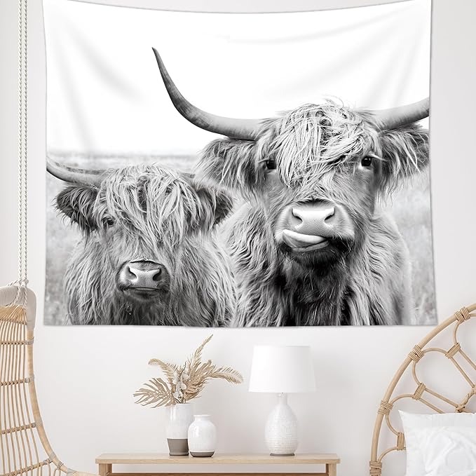 AMBZEK Two Cows Tapestry 51Hx59W Inch Bull Highland Cow Western Farmhouse Farm Country Rustic Cattle Animal Wildlife Funny Cute Milk Artwork Modern Wall Hanging Bedroom Living Room Dorm Decor Fabric