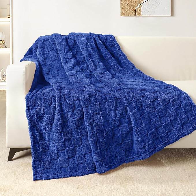 Exclusivo Mezcla Fleece Throw Blanket for Couch,Super Soft and Warm Lightweight Checkered Pattern Blankets for All Seasons, 50x60 Inches, Cobalt Blue