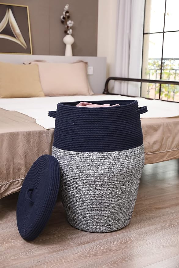 26" x 20" Tall Extra Large Storage Basket with Lid, Cotton Rope Storage Baskets, Woven Laundry Hamper with Cover, Cloth Storage Bin, for Clothes Towels in Living Room, Dark Blue Mix