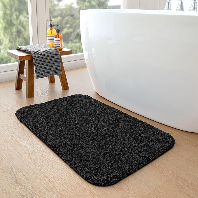 DEXI Bathroom Rug Mat 24x16, Extra Soft and Absorbent Bath Rugs, Washable Non-Slip Thick Carpet Mat for Shower Floor, Tub, Black