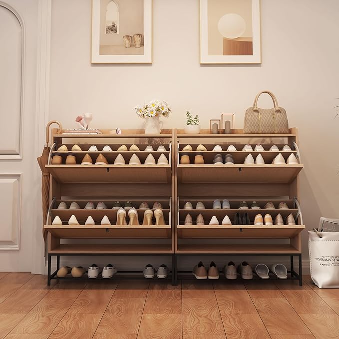 AVZEAR Narrow Shoe Storage Cabinet for Entryway with 2 Flip Drawers, Freestanding Shoe Cabinet with Natural Linen Panel, Slim Wood Shoe Organizer Closed Shoe Rack for Hallway, Foyer(Natural)