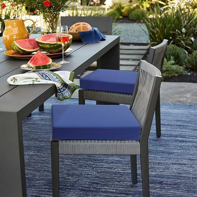 Topotdor Patio Chair Cushions Set of 2,Waterproof Outdoor Chair Cushions with Fade Resistant Removable Cover with Adjustable Straps for Patio Furniture Garden Sofa Couch,17.6"x16"x3" Blue