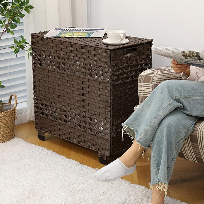 OIAHOMY Laundry Hamper with Lid, 140L Clothes Hamper with 3 Removable Liner Bags, Foldable Basket with Lid, Synthetic Wicker Laundry Basket for Bedroom, 27x 13 x 26 Inches, Brown