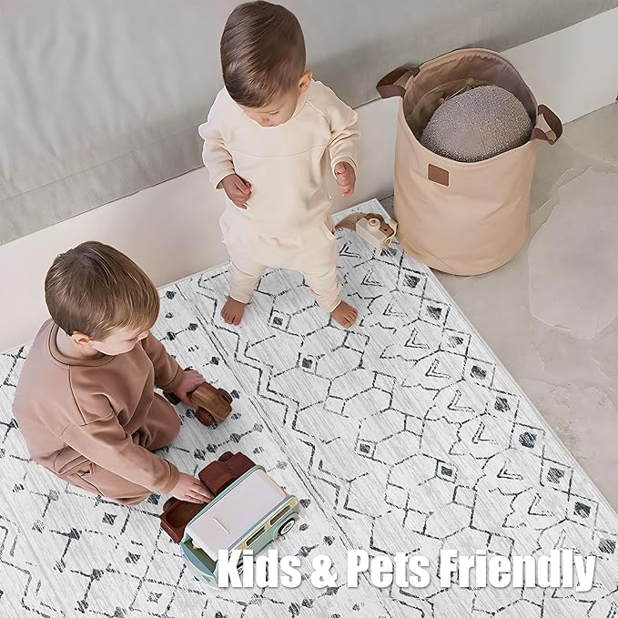 Deerly 6x9 Rug Bedroom Distressed Area Rugs, Non Slip Moroccan Boho Farmhouse Washable Rugs for Living Room Home Office Decor, Soft Low Pile Indoor Floor Carpet Area Rug, White/Dark Grey