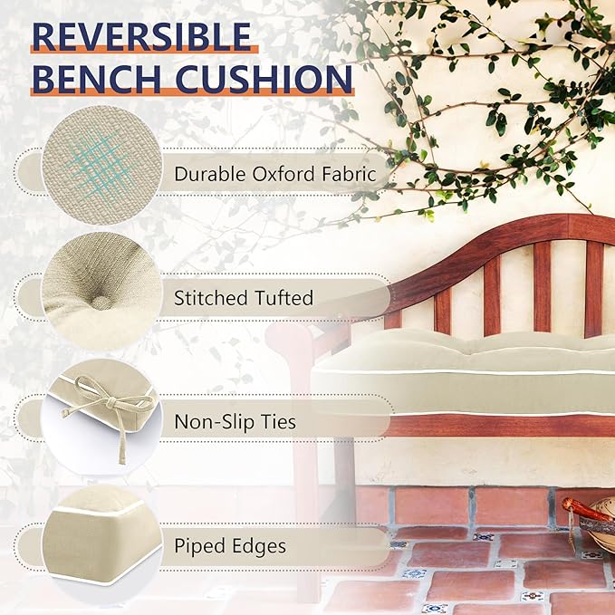 Favoyard Outdoor Bench Cushion 36 x 14 Inch Water-Resistant & 3-Year Fade Resistant Patio Furniture Cushions Tufted Garden Seat Pads for Indoor/Outdoor Porch Sofa Settee Couch with Ties, Beige