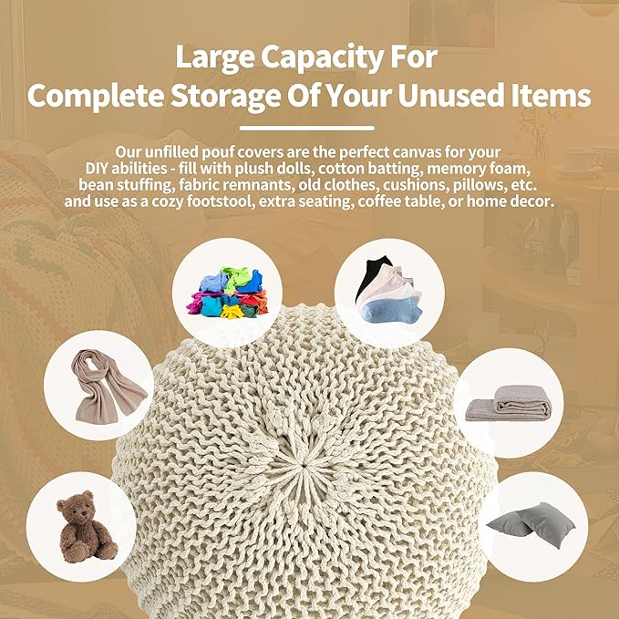 HOMBYS Unstuffed Ottoman Pouf Cover, 100% Cotton Handmade Knitted Ottoman Pouf Cover Round Foot Stool, Floor Bean Bag Chair, Foot Rest with Storage for Living Room Bedroom, Beige(Cover ONLY NO Filler)