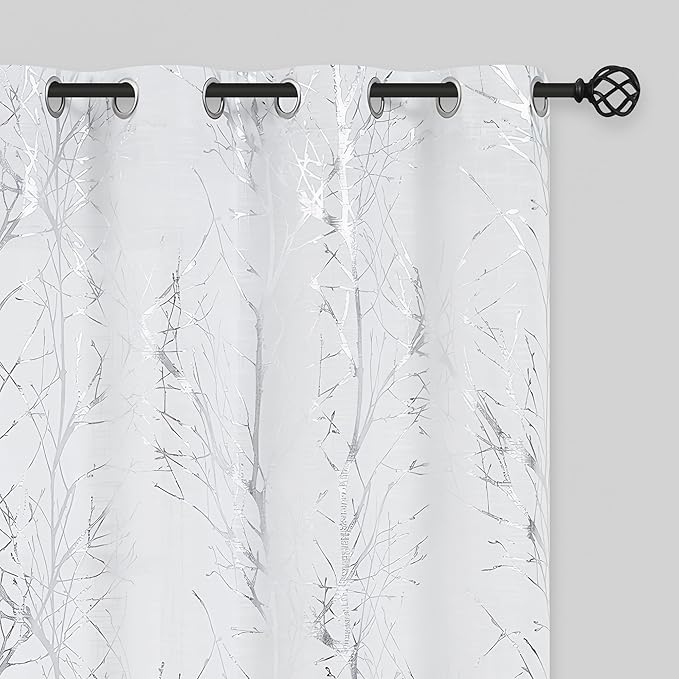 FMFUNCTEX Linen Semi Sheer Curtains for Living Room & Bedroom, Silver Metallic Print White Tree Panel, Light Filtering 84" Long Grommet Top 2 Panels