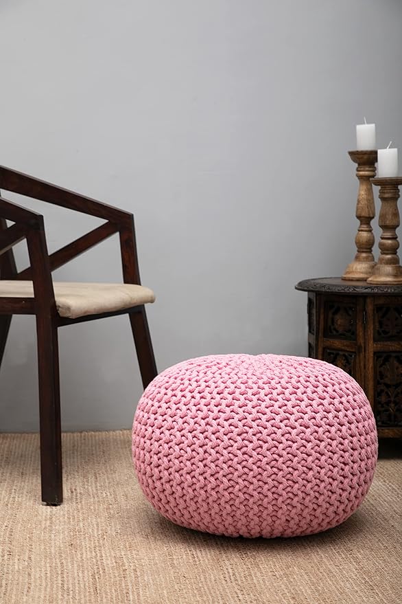 COTTON CRAFT Round Pouf - Hand Knitted Cotton Braid Cord Cable Dori Ottoman - Foot Stool - Floor Pouf Footrest Accent Seat Furniture Bean Bag - Living Room Kids Room Nursery Dorm Décor - 20x14 - Pink