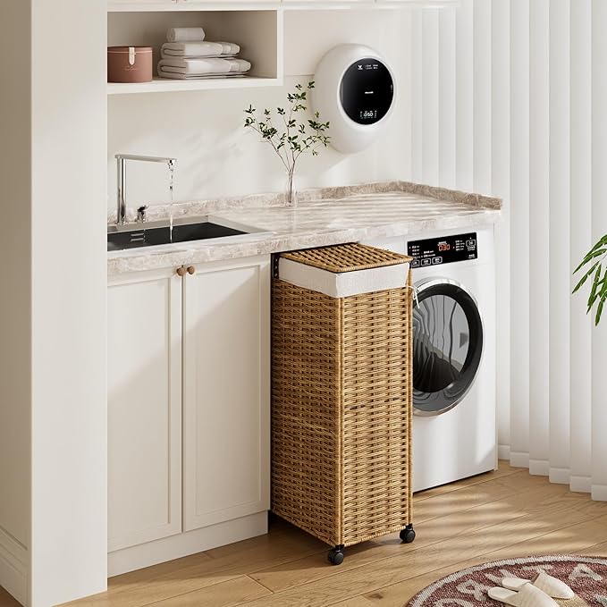 Rolling Laundry Hamper with Wheels and Lid, 90L Slim Laundry Basket with Removable Bag, Foldable Handwoven Rattan Laundry Sorter, Narrow Dirty Clothes Basket Organizer, No Assembly, Natural